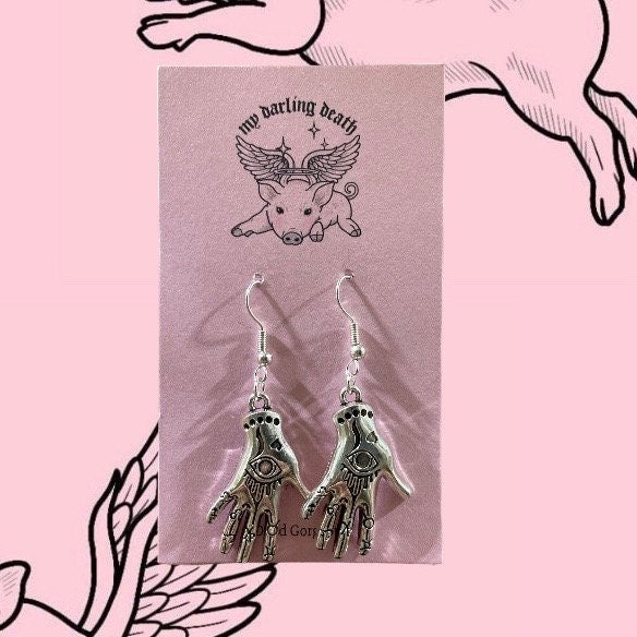 Silver Palm Reader Hands Occult Witch Dangly Earrings, Hypoallergenic, Fun & Quirky, Statement, Occassion Jewellery, Fashion, Gothic