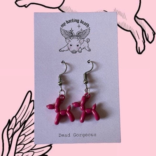 Pink Balloon Dog Hook Dangly Earrings, Hypoallergenic, Fun & Quirky, Statement, Occassion Jewellery, Fashion, Gothic, Alternative Earrings